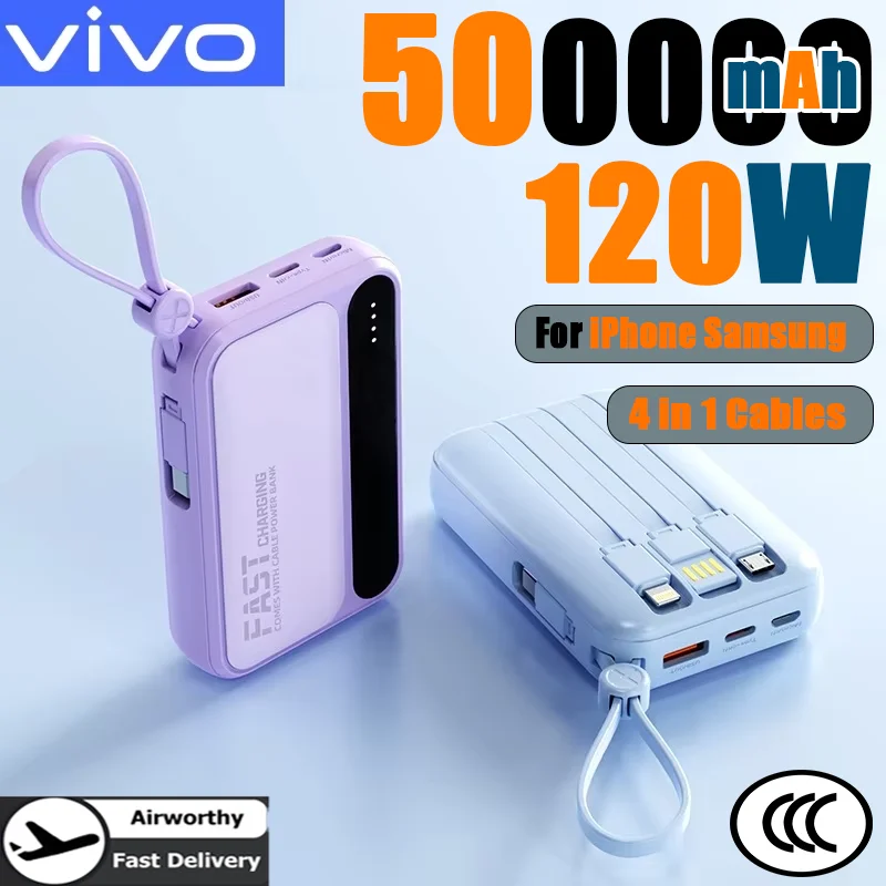 VIVO Power Bank 50000mAh 120W με 4 Ενσωματωμένα Καλώδια και Ψηφιακή Οθόνη