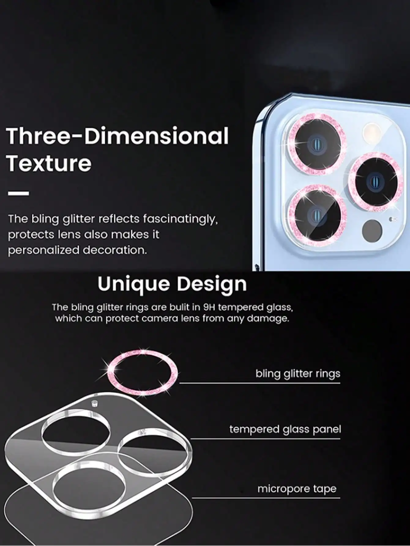 Προστατευτικό Φακού Κάμερας με Ροζ Glitter 9H για iPhone 11-17 Pro Max - Image 6