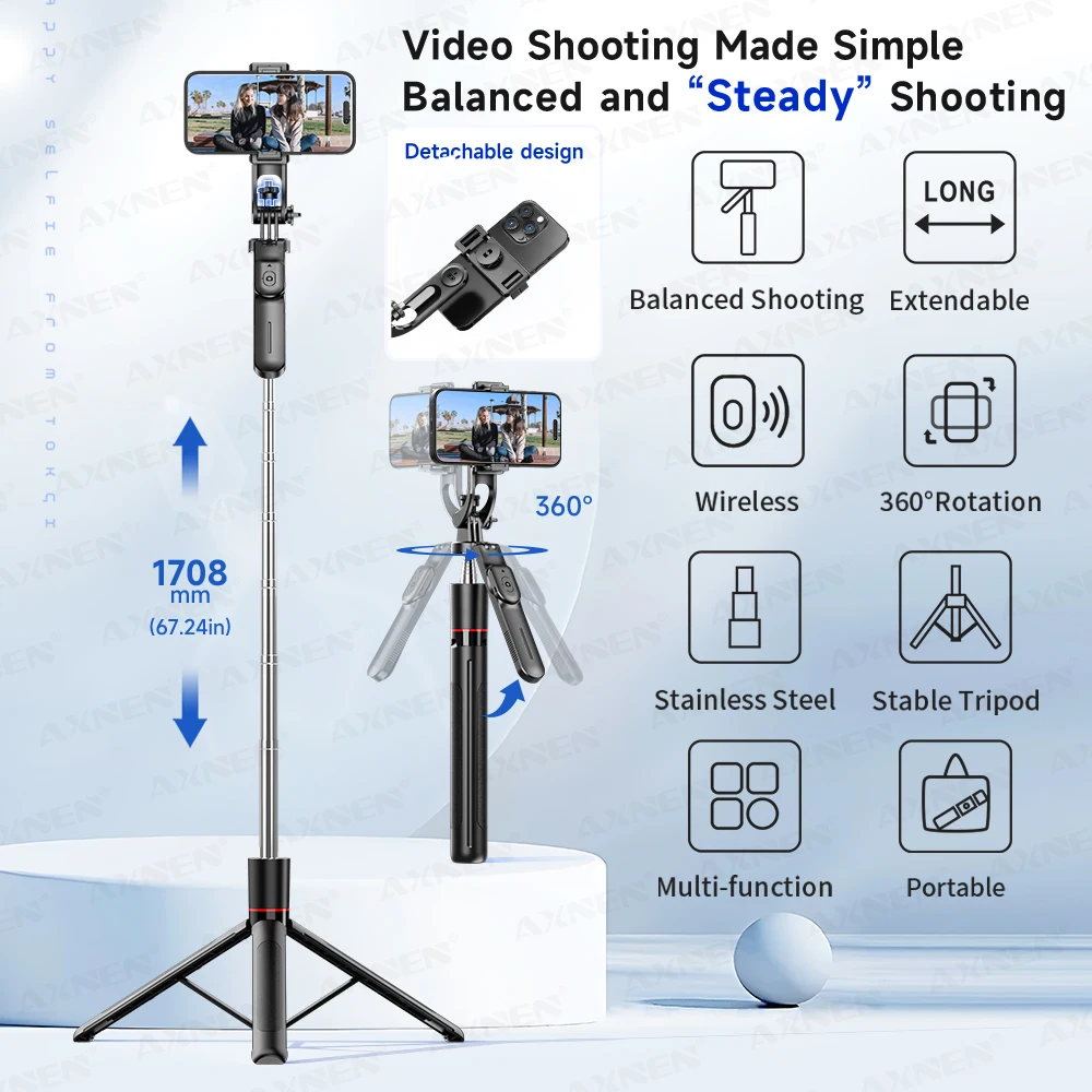F16 Selfie Stick Tripod 170.8cm με Bluetooth Remote και Περιστροφή 360° - Image 2