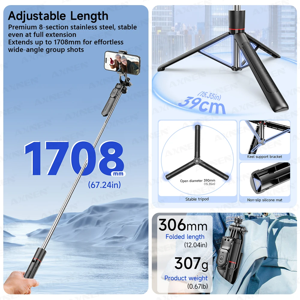 F16 Selfie Stick Tripod 170.8cm με Bluetooth Remote και Περιστροφή 360° - Image 4