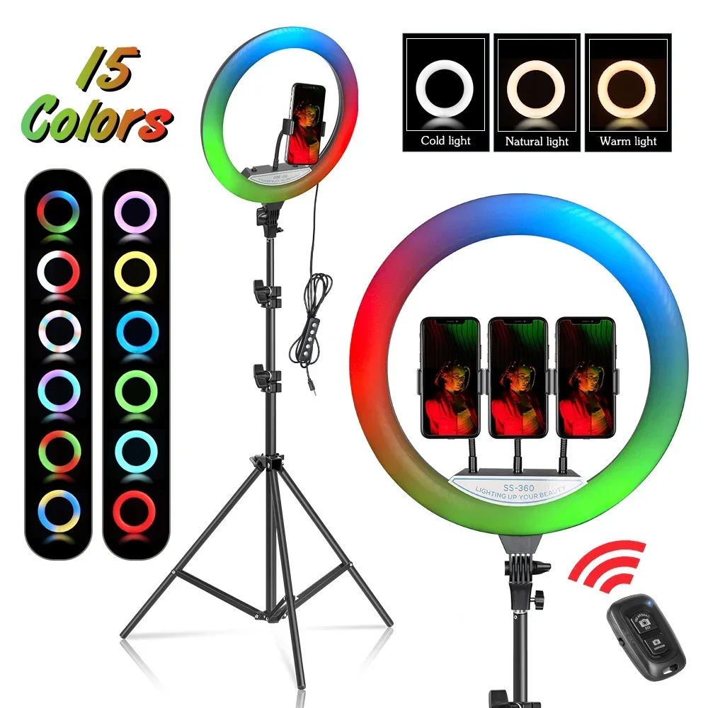 SH RGB Ring Light 10/12/14 Ιντσών με Τρίποδο και 15 Χρώματα Φωτισμού