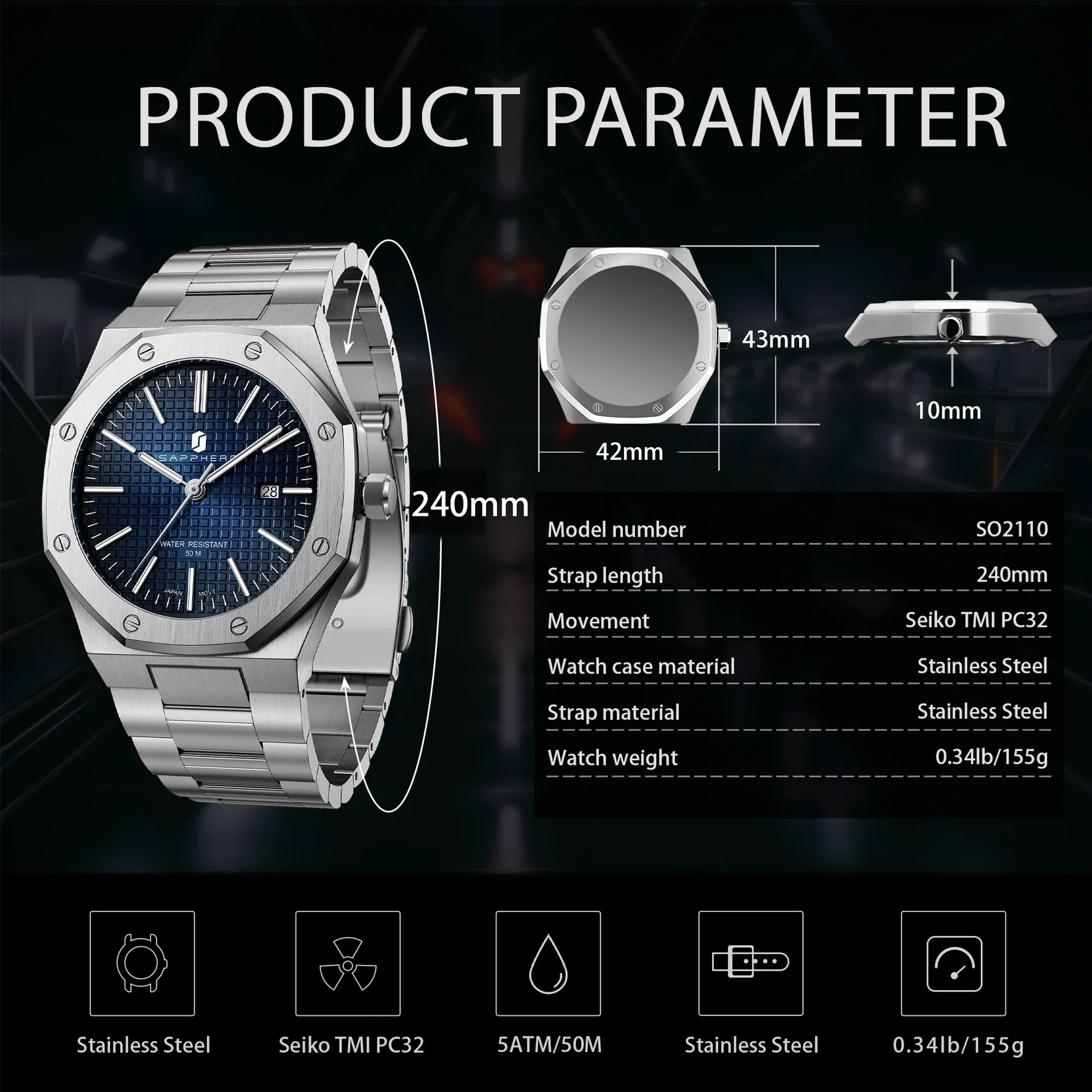 SAPPHERO Ανδρικό Ρολόι Quartz με Ένδειξη Ημερομηνίας - Image 5