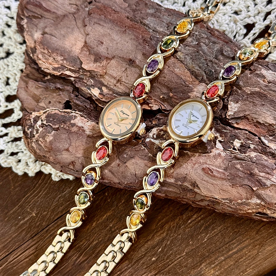 Γυναικείο Οβάλ Ρολόι Quartz Rainbow με Πέτρες