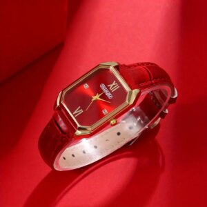 Γυναικείο Τετράγωνο Ρολόι Quartz με Κόκκινο Δερμάτινο Λουράκι