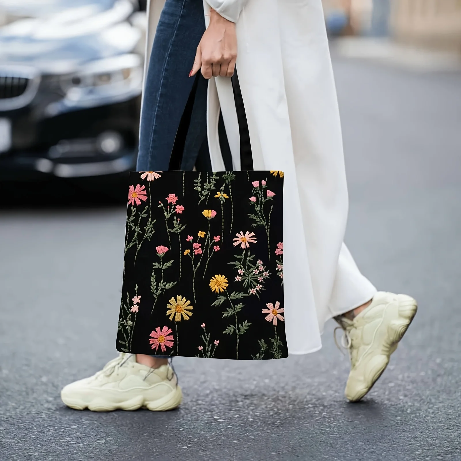 Υφασμάτινη Τσάντα Ώμου με Floral Κέντημα