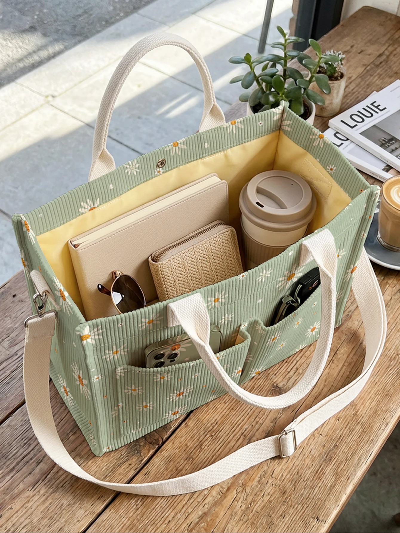 Κοτλέ Tote Τσάντα με Σχέδιο Sage Green Daisy - Image 4