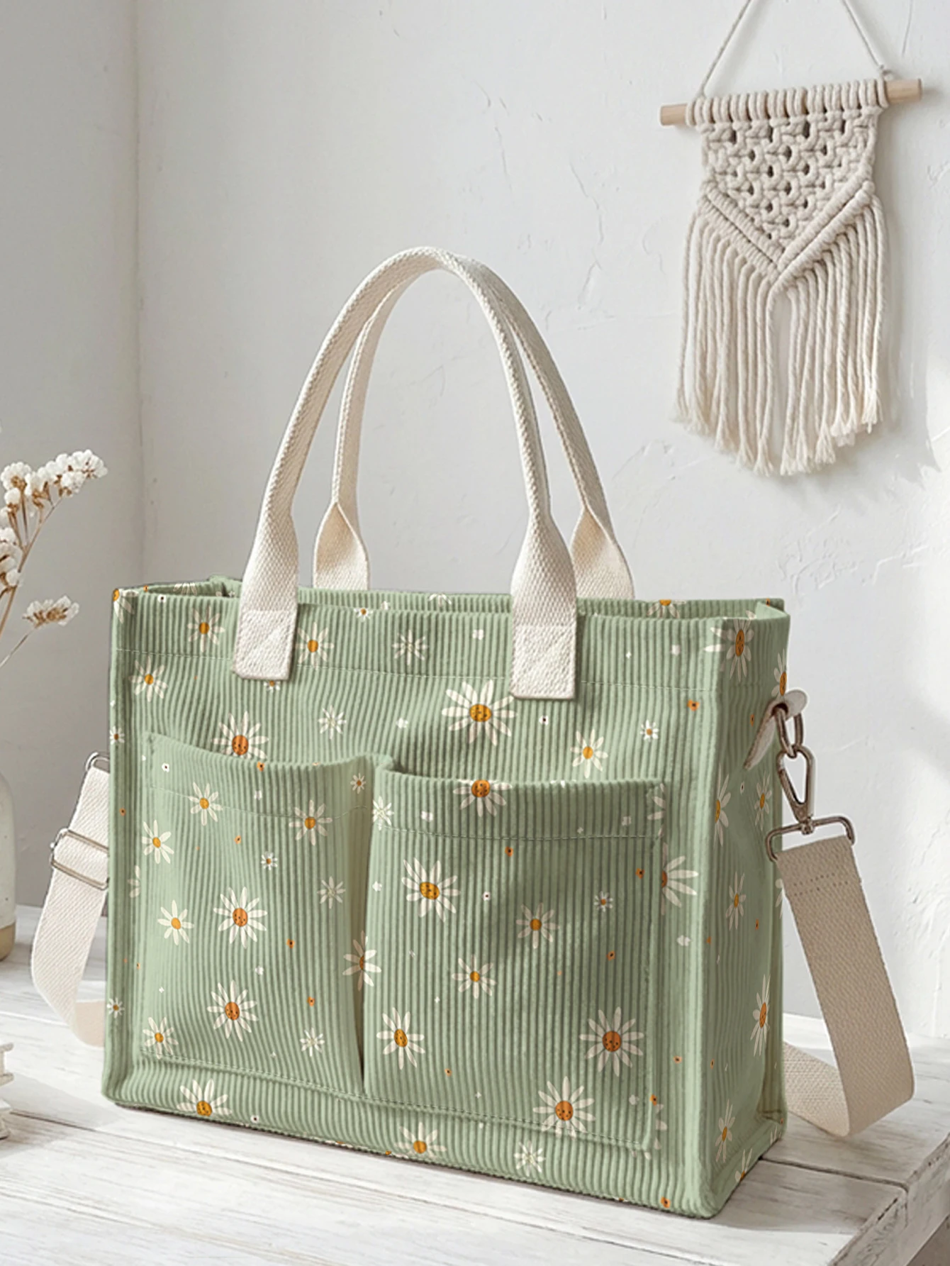 Κοτλέ Tote Τσάντα με Σχέδιο Sage Green Daisy