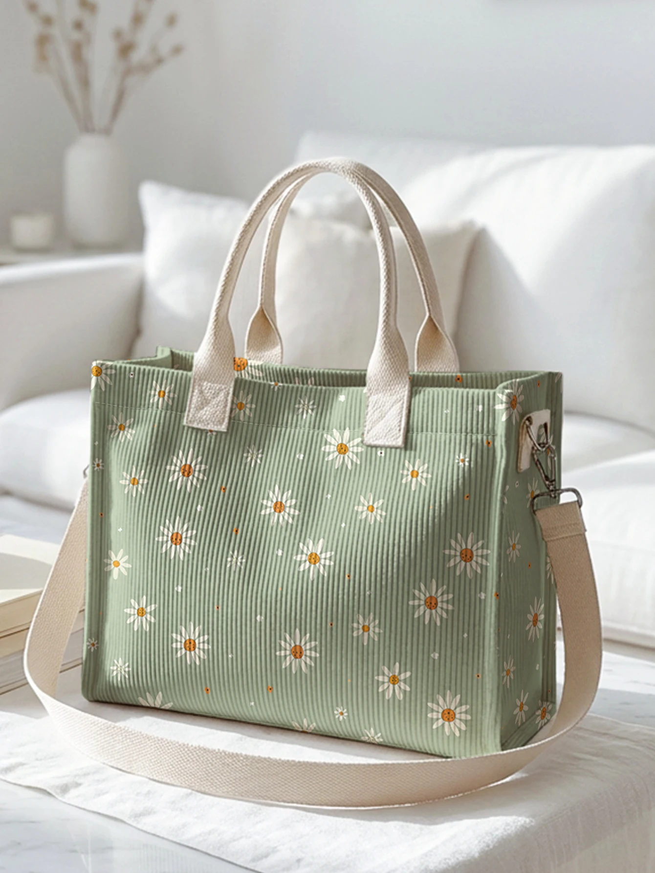 Κοτλέ Tote Τσάντα με Σχέδιο Sage Green Daisy - Image 3