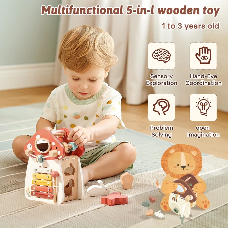Ξύλινο Montessori Παιχνίδι 5 σε 1 με Μουσικά Όργανα - Image 6